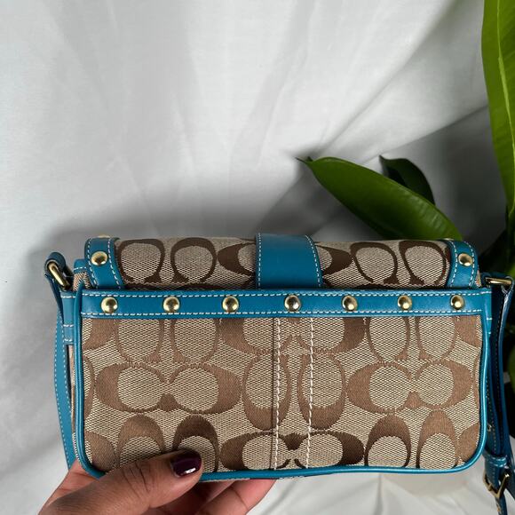 SOLD COACH Vintage Blue Studdd Crossbody Monogram Purse Gold Hardware - Picture 6 of 9